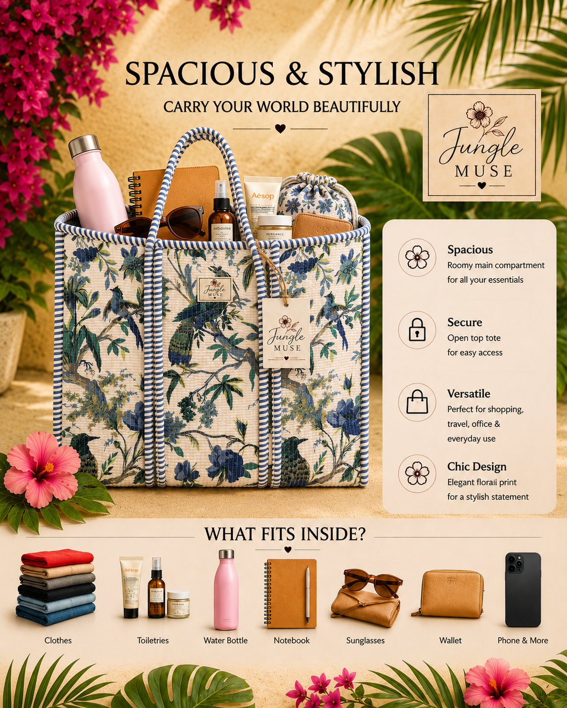 Vintage Garden Jungle Quilted Tote Bag