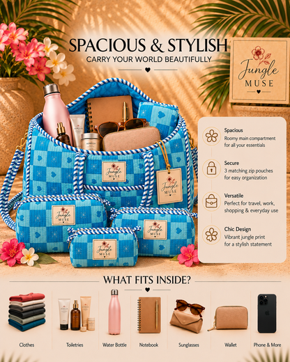 Ocean Blue Check Quilted Duffle & Pouch Set