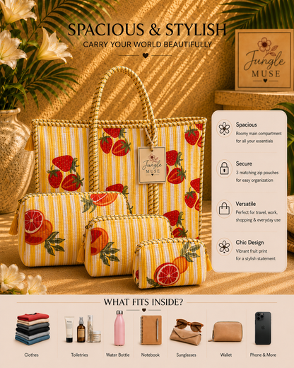 Strawberry Sunshine Quilted Tote & Pouch Set