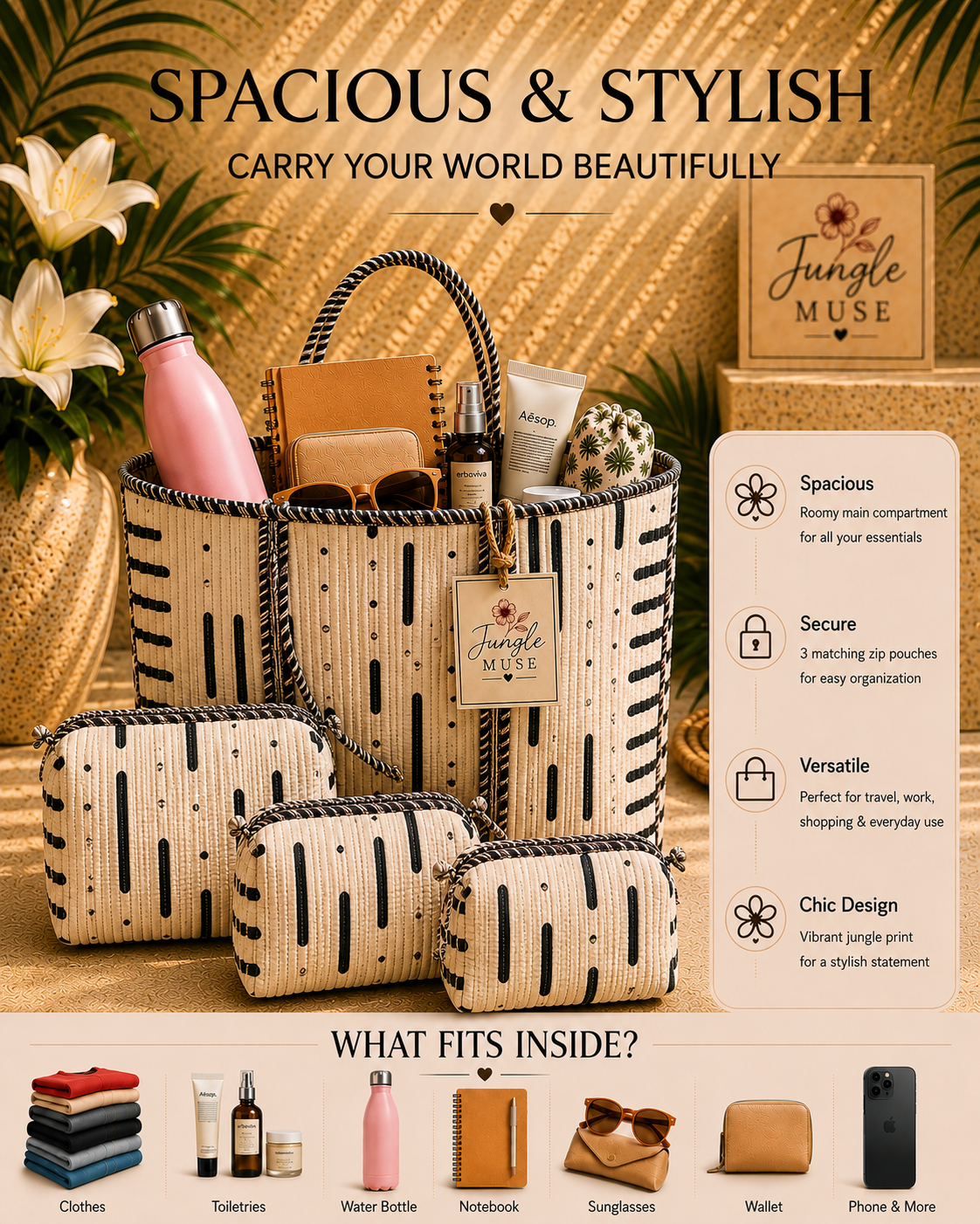 Monochrome Muse Quilted Tote & Pouch Set