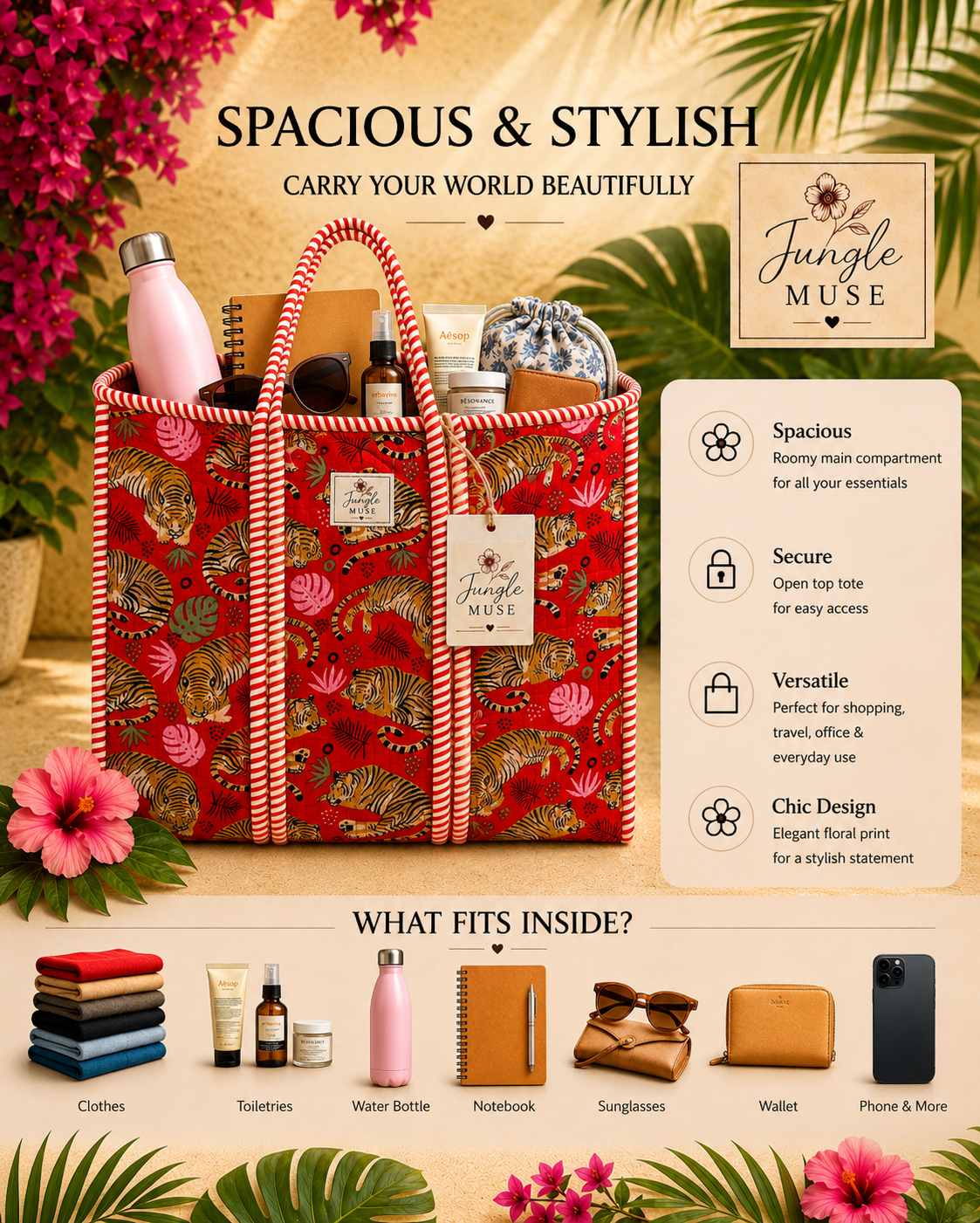 Scarlet Tiger Quilted Tote Bag
