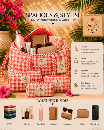 Coral Heart Check Quilted Duffle & Pouch Set