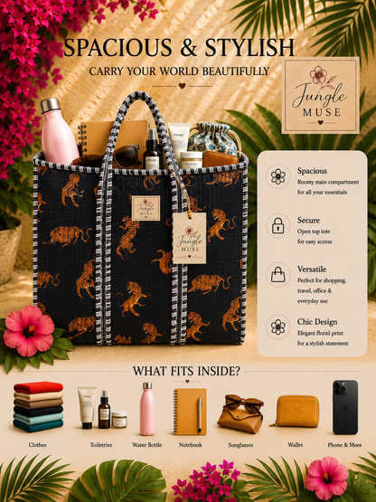 Midnight Tiger Quilted Tote Bag