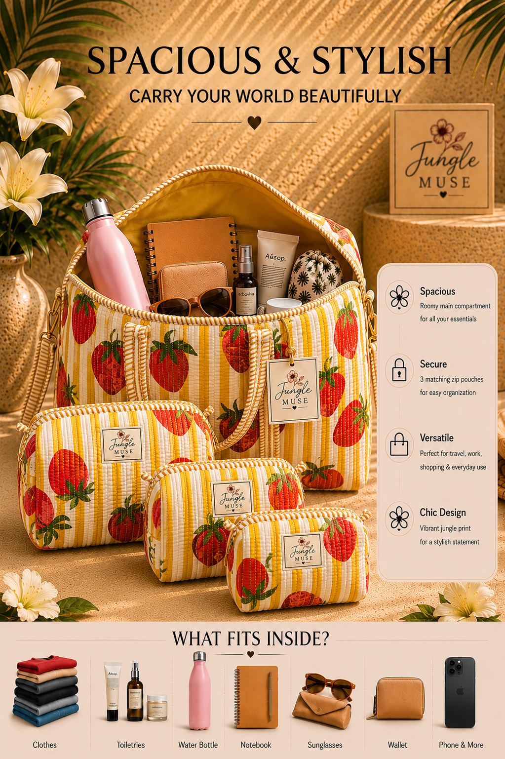 Yellow Strawberry Bliss Quilted Duffle & Pouch Set