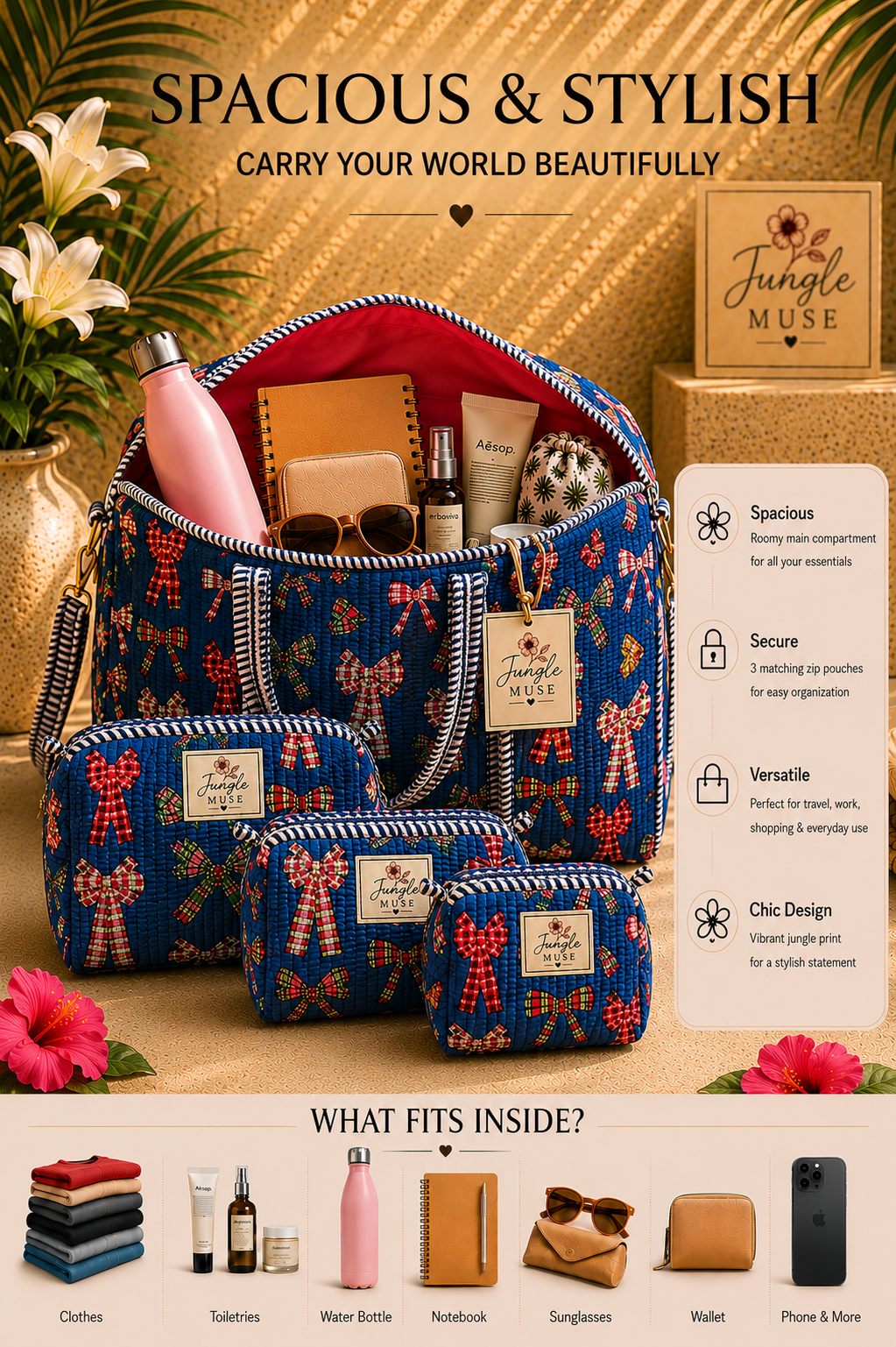 Blue Ribbon Bloom Quilted Duffle & Pouch Set