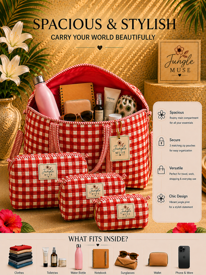 Red Scarlet Check Quilted Duffle & Pouch Set