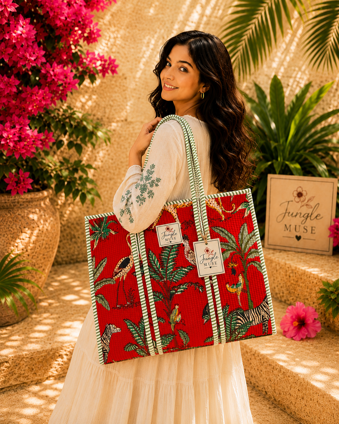 Crimson Jungle Quilted Tote Bag