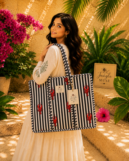 Black Lobster Stripe Quilted Tote Bag