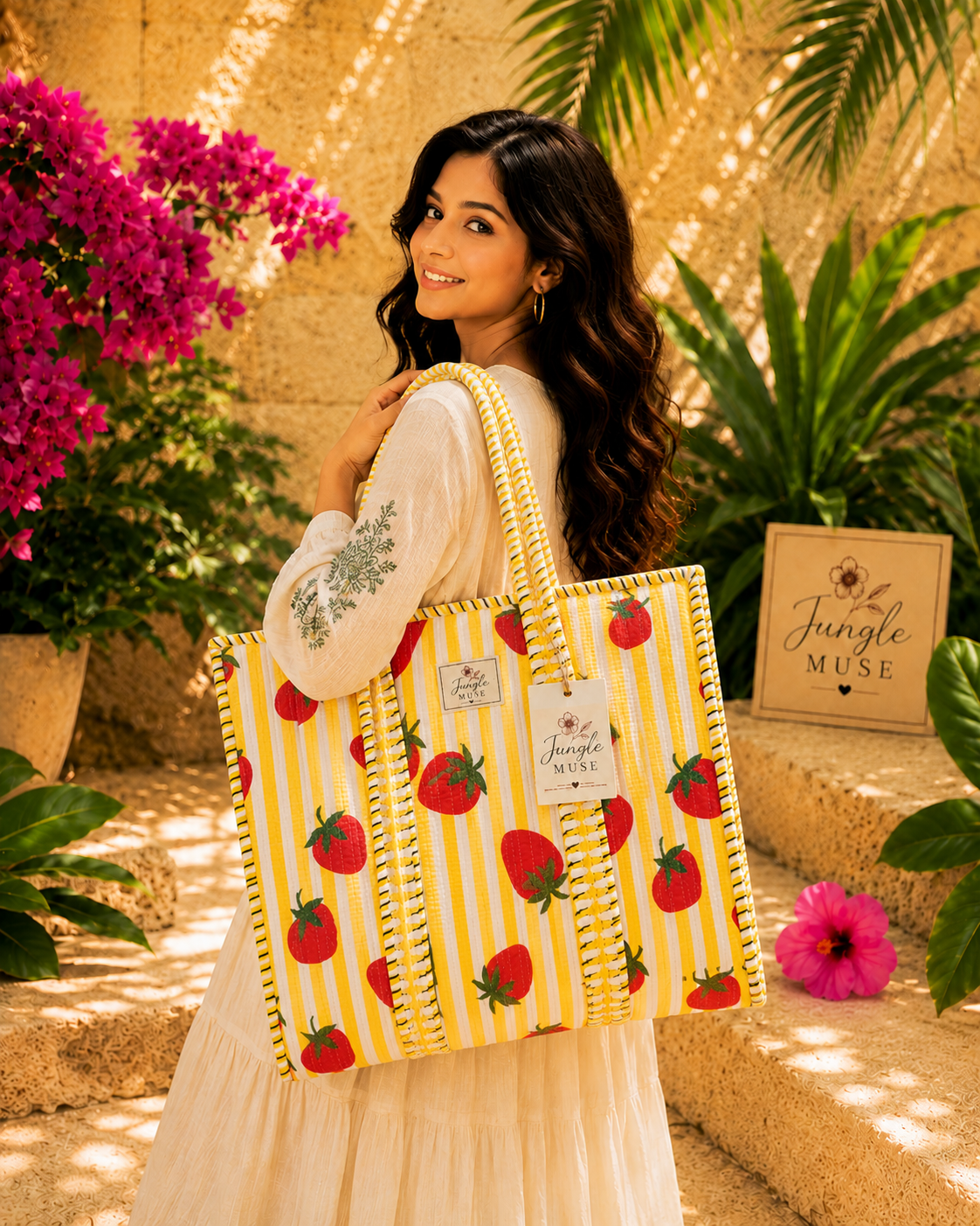 Strawberry Sunshine Quilted Tote Bag