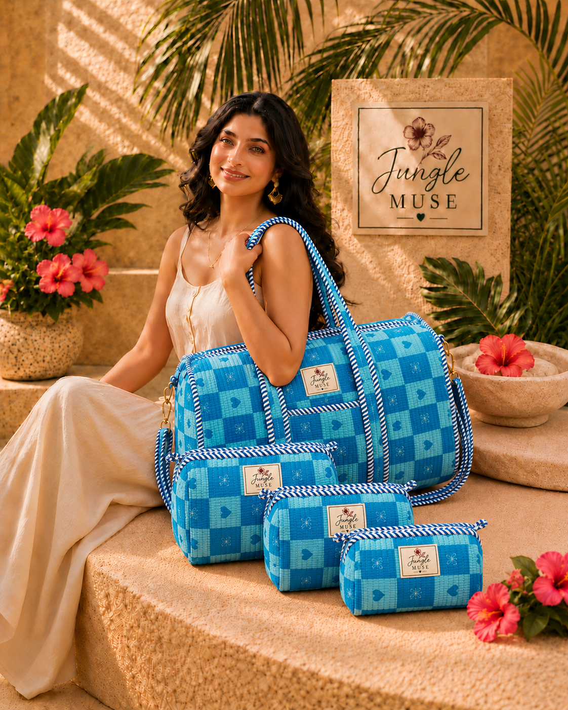 Ocean Blue Check Quilted Duffle & Pouch Set