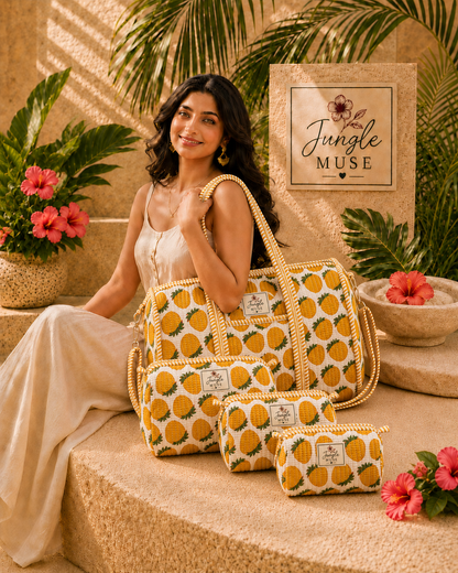 Yellow Pineapple Bloom Quilted Duffle & Pouch Set