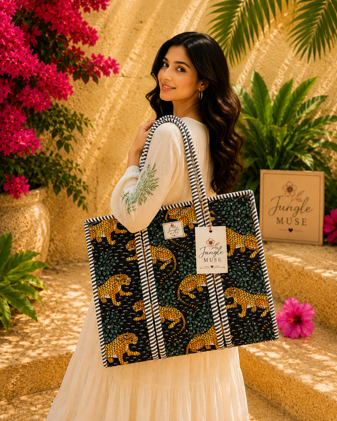 Royal Black Leopard Quilted Tote Bag