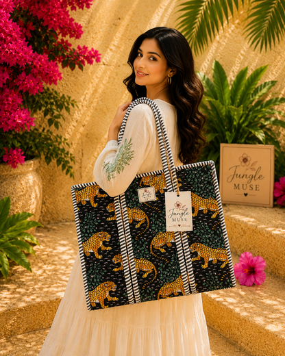 Royal Black Leopard Quilted Tote Bag