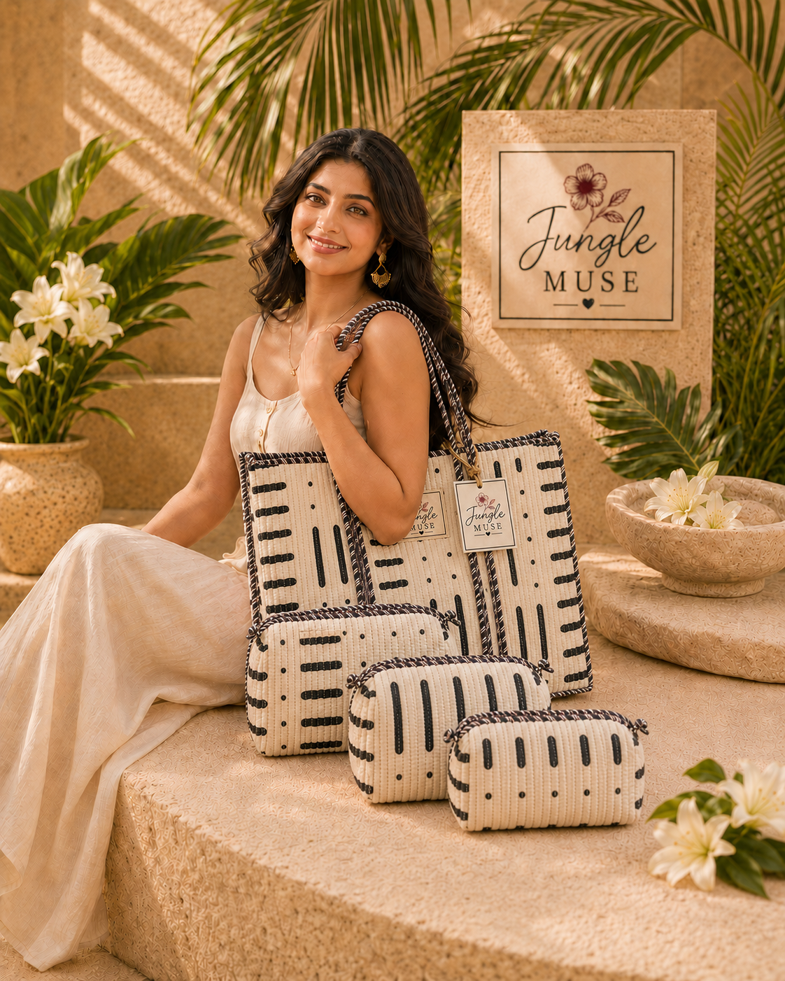 Monochrome Muse Quilted Tote & Pouch Set