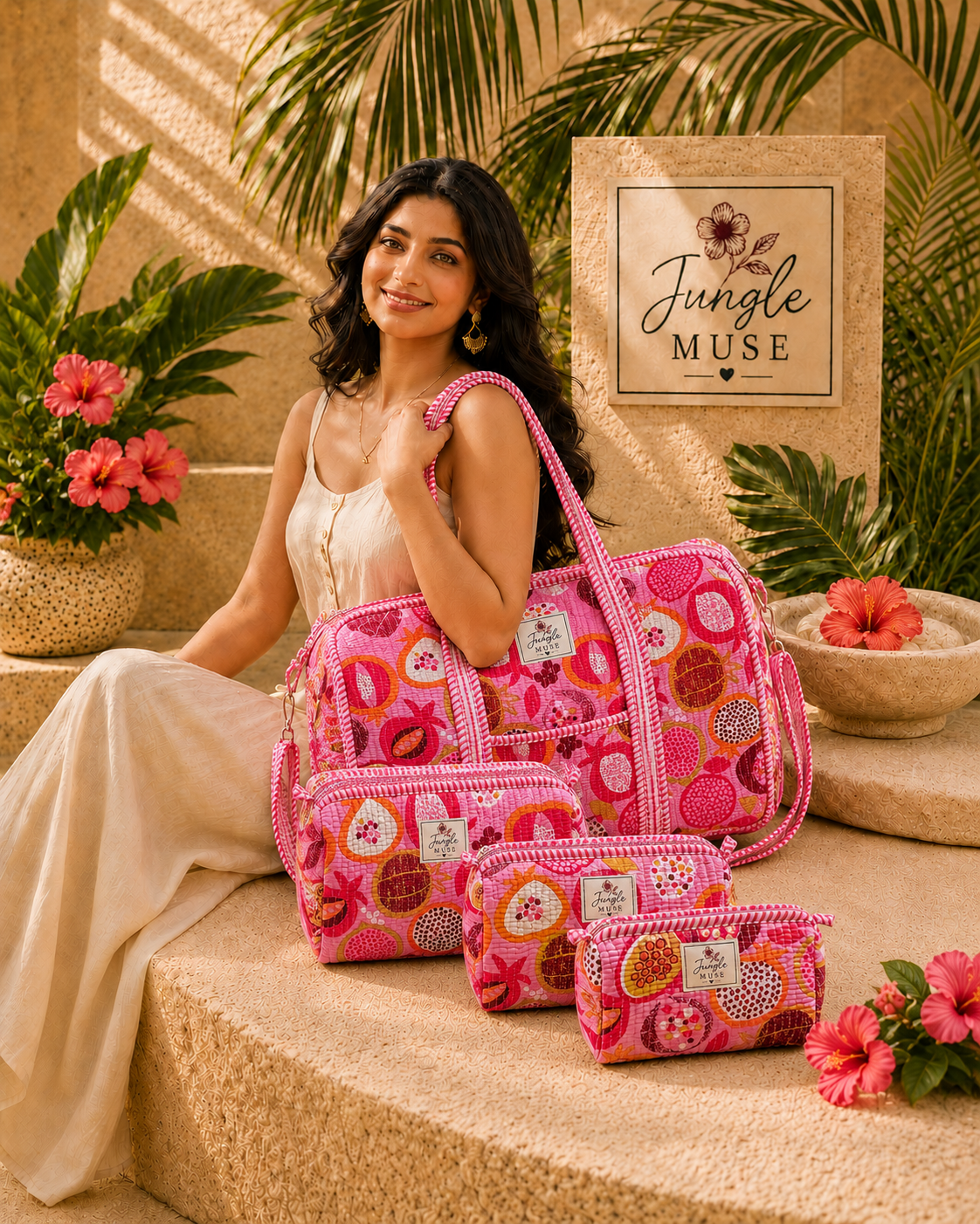 Pink Tropical Bloom Quilted Duffle & Pouch Set