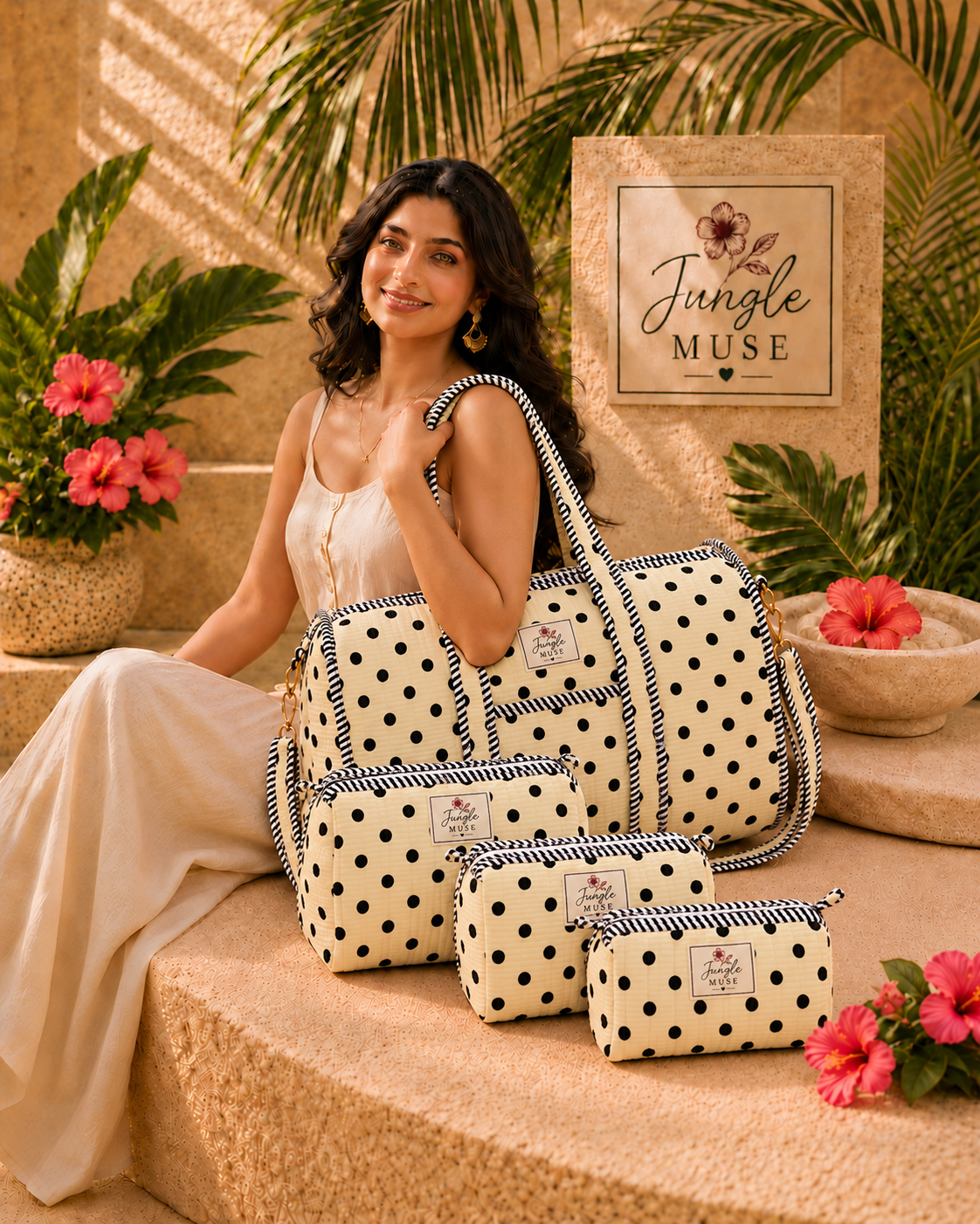 Monochrome Polka Dot Quilted Duffle & Pouch Set