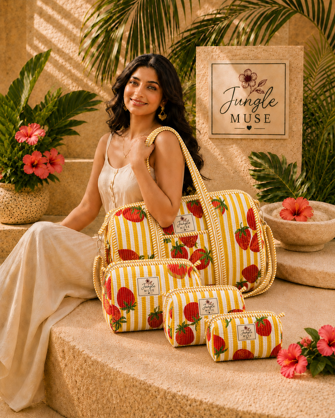 Yellow Strawberry Bliss Quilted Duffle & Pouch Set