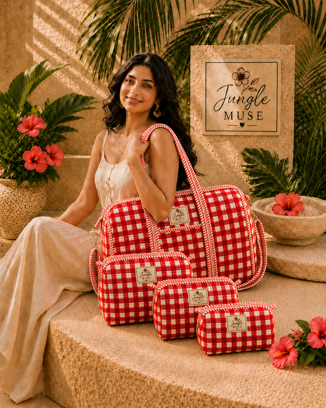 Red Scarlet Check Quilted Duffle & Pouch Set