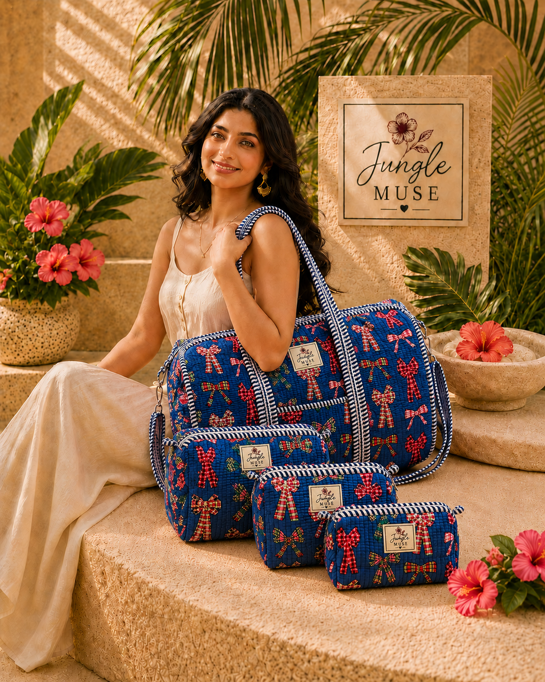Blue Ribbon Bloom Quilted Duffle & Pouch Set