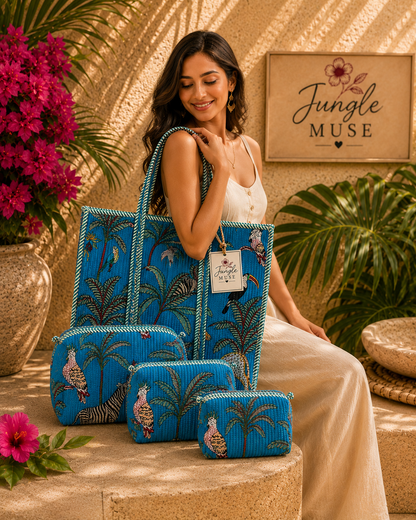 Blue Safari Quilted Tote & Pouch Set