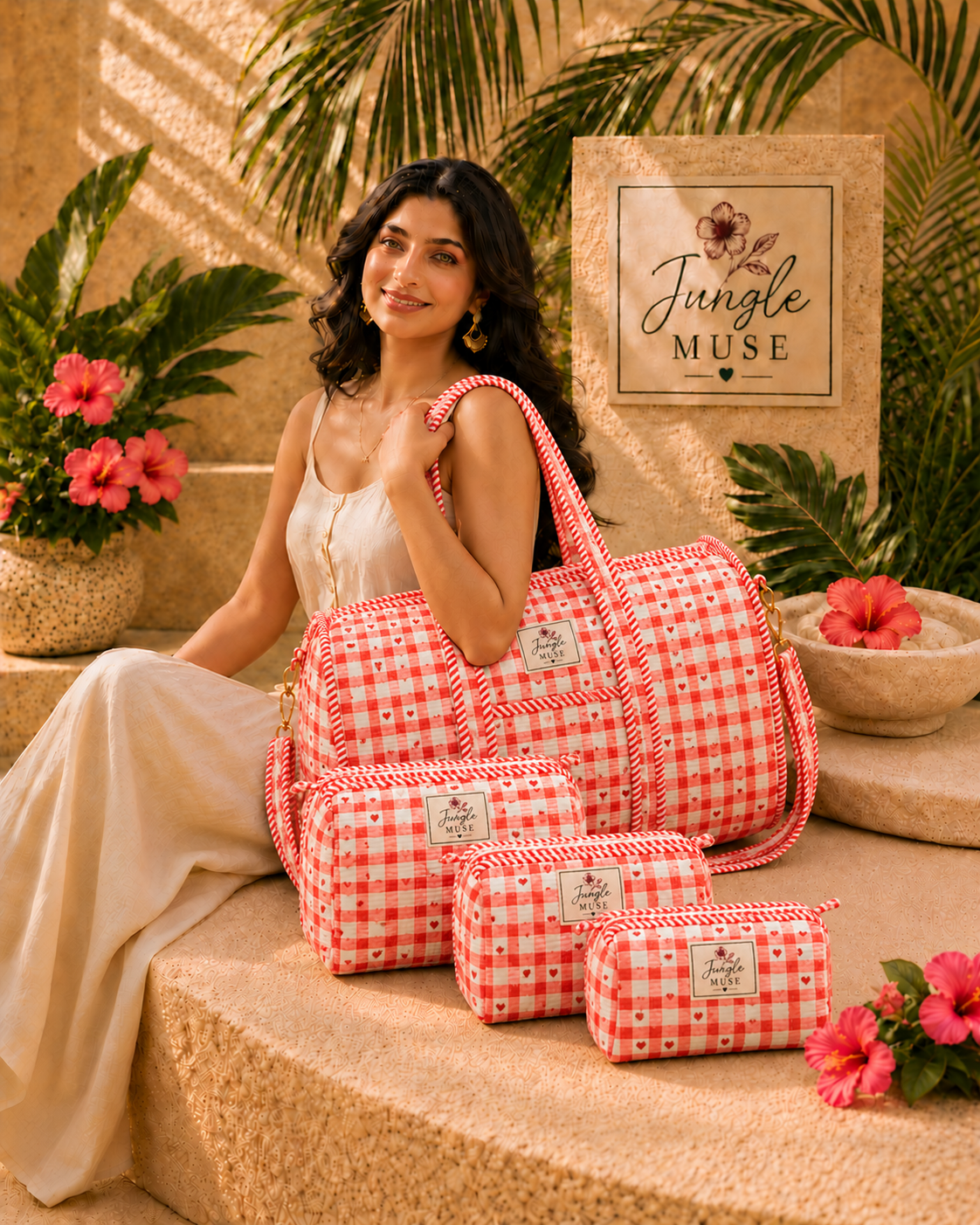 Coral Heart Check Quilted Duffle & Pouch Set