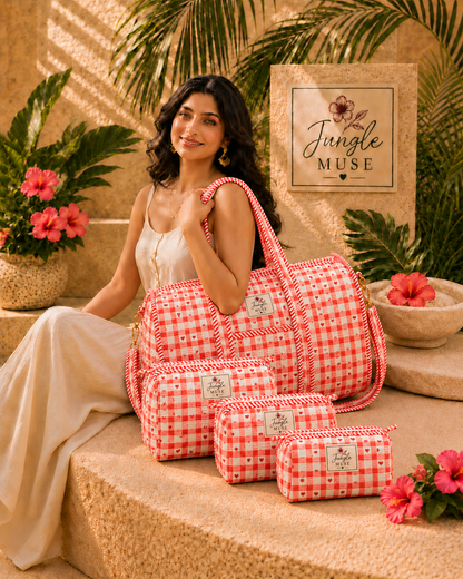 Coral Heart Check Quilted Duffle & Pouch Set