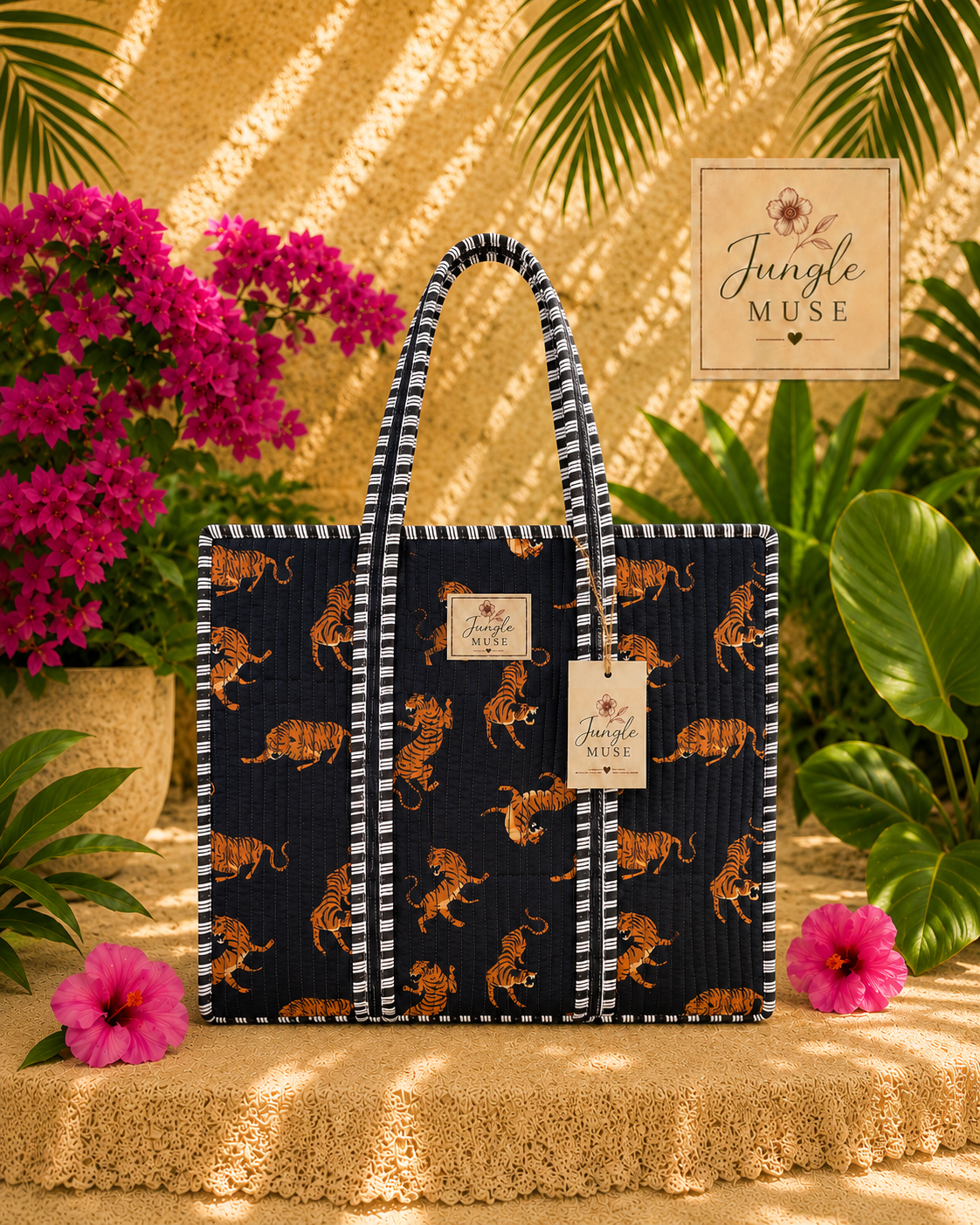 Midnight Tiger Quilted Tote Bag