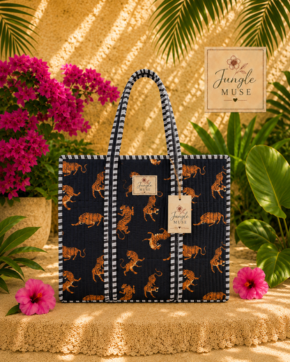 Midnight Tiger Quilted Tote Bag
