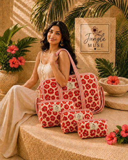 Red Poppy Bloom Quilted Duffle & Pouch Set