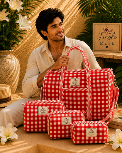 Red Scarlet Check Quilted Duffle & Pouch Set