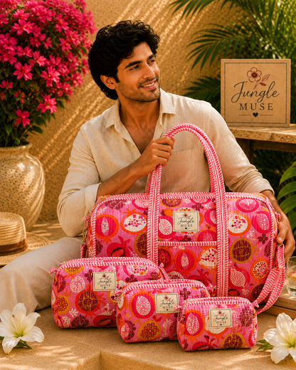 Pink Tropical Bloom Quilted Duffle & Pouch Set