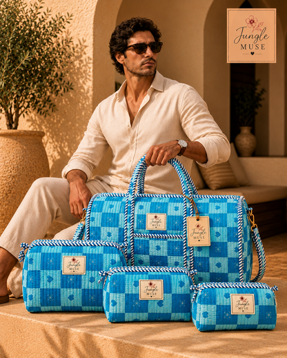 Ocean Blue Check Quilted Duffle & Pouch Set