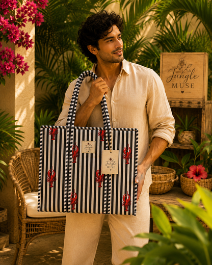 Black Lobster Stripe Quilted Tote Bag