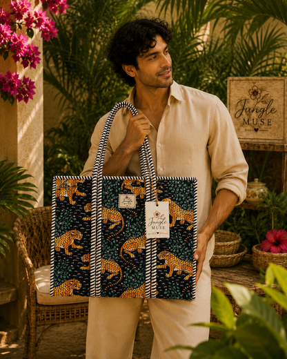 Royal Black Leopard Quilted Tote Bag