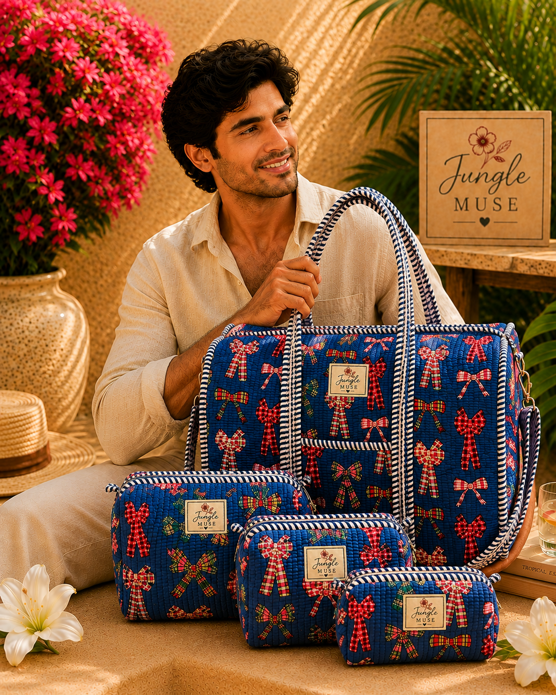 Blue Ribbon Bloom Quilted Duffle & Pouch Set