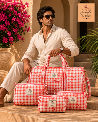 Coral Heart Check Quilted Duffle & Pouch Set