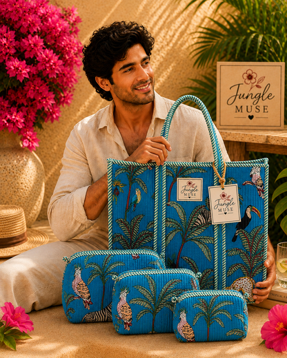Blue Safari Quilted Tote & Pouch Set