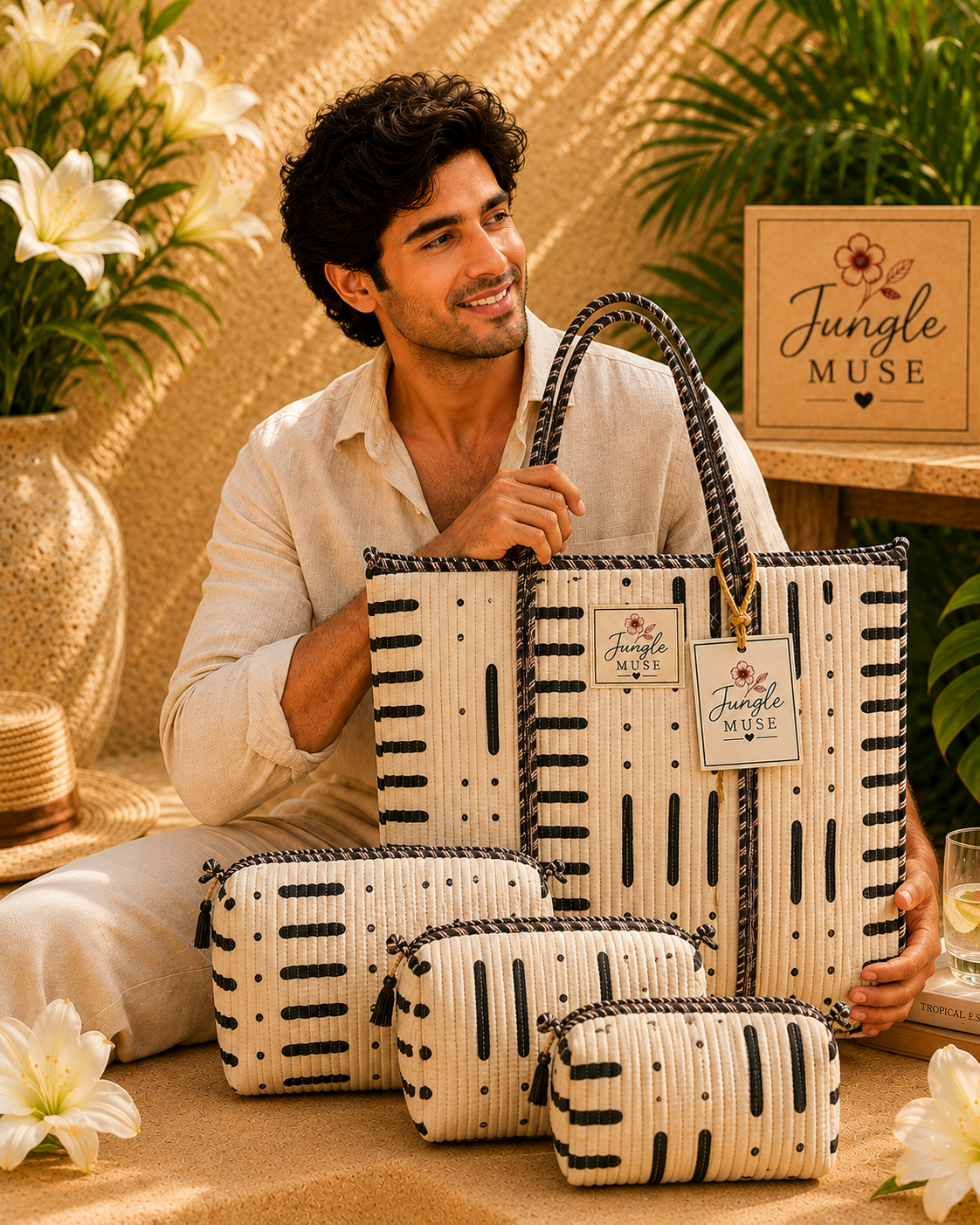 Monochrome Muse Quilted Tote & Pouch Set