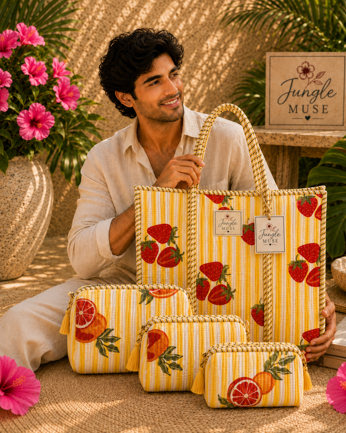 Strawberry Sunshine Quilted Tote & Pouch Set