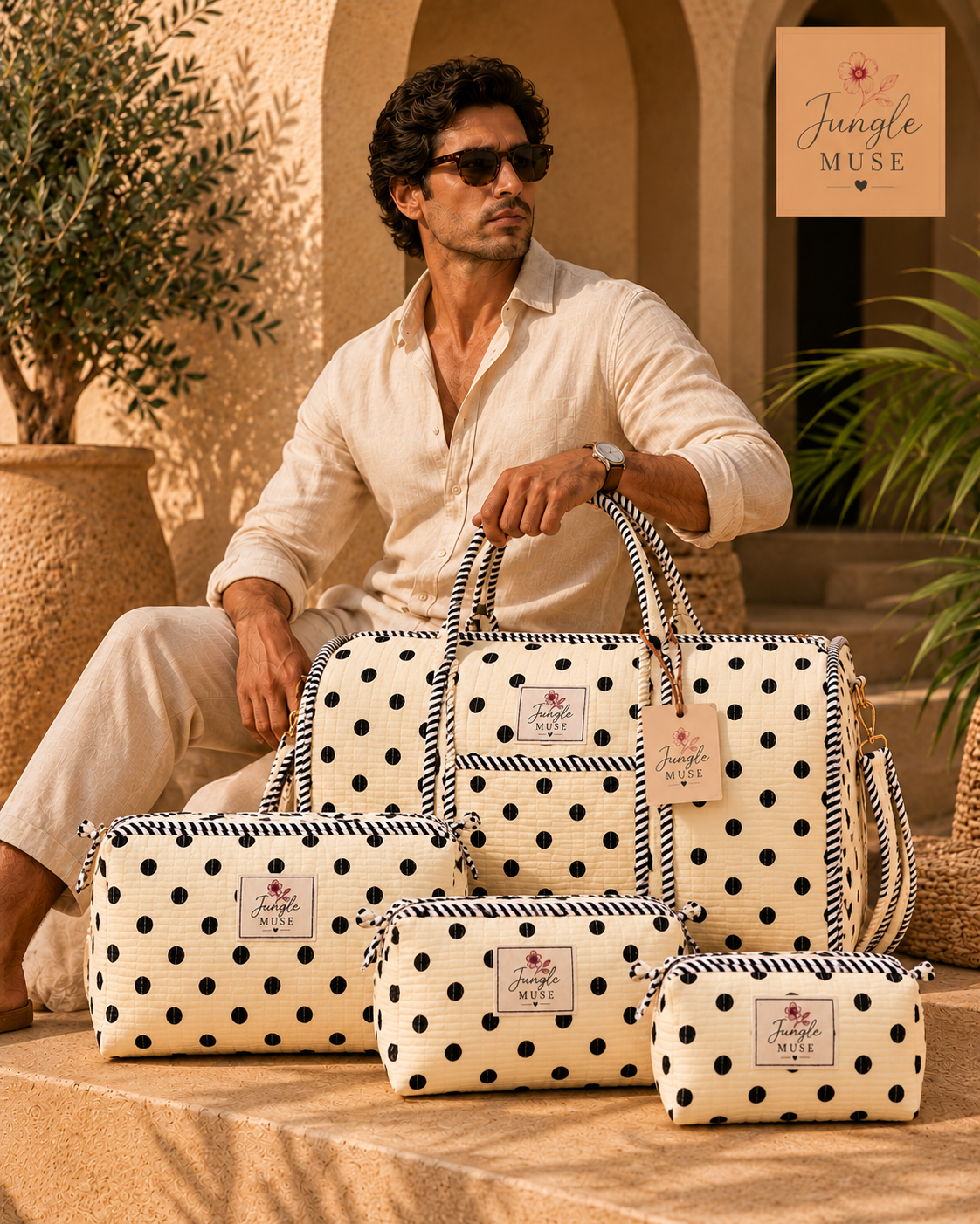 Monochrome Polka Dot Quilted Duffle & Pouch Set